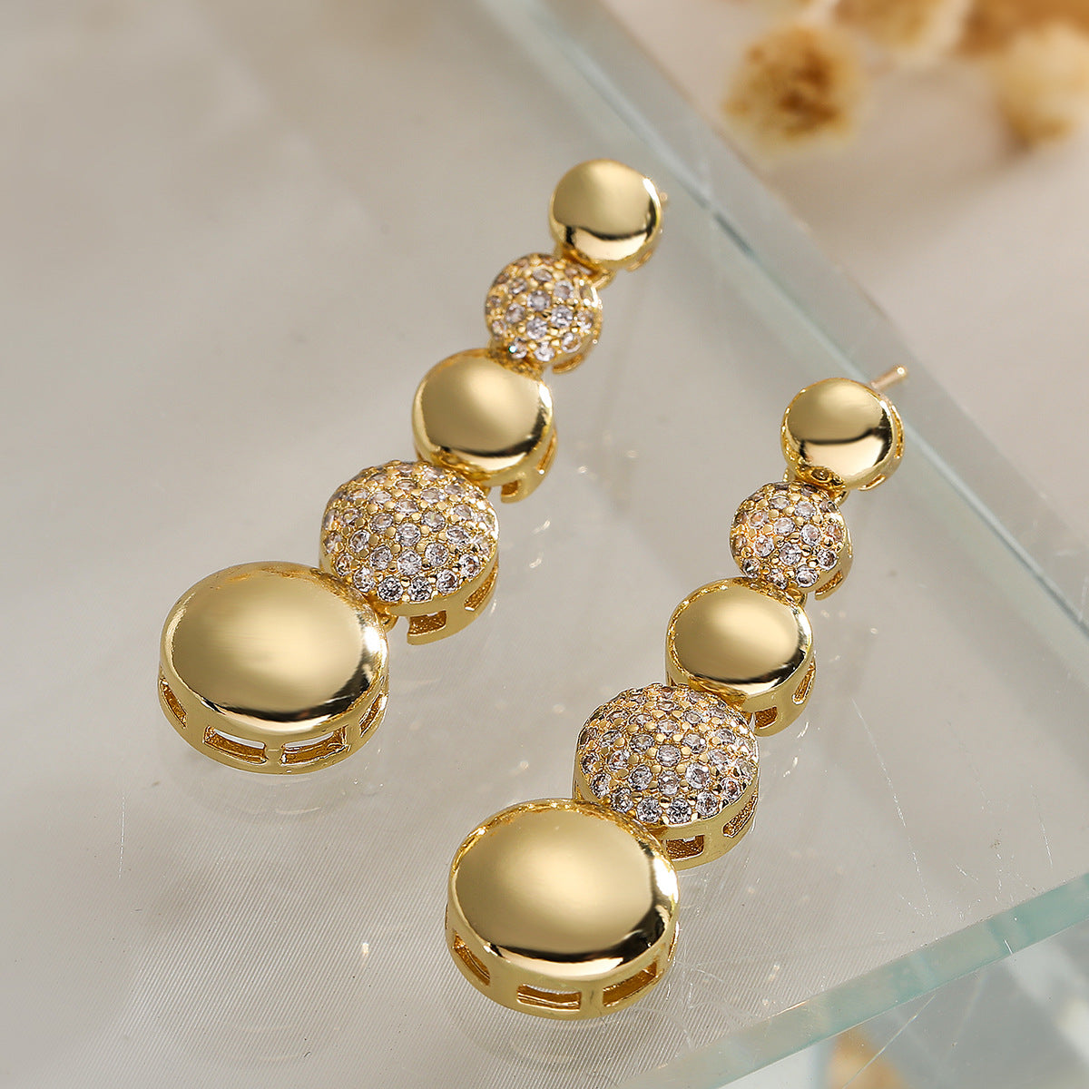 Minimalist Geometric Drop Earrings for Women in Brass with 18K Gold Plating and Zircon Accents