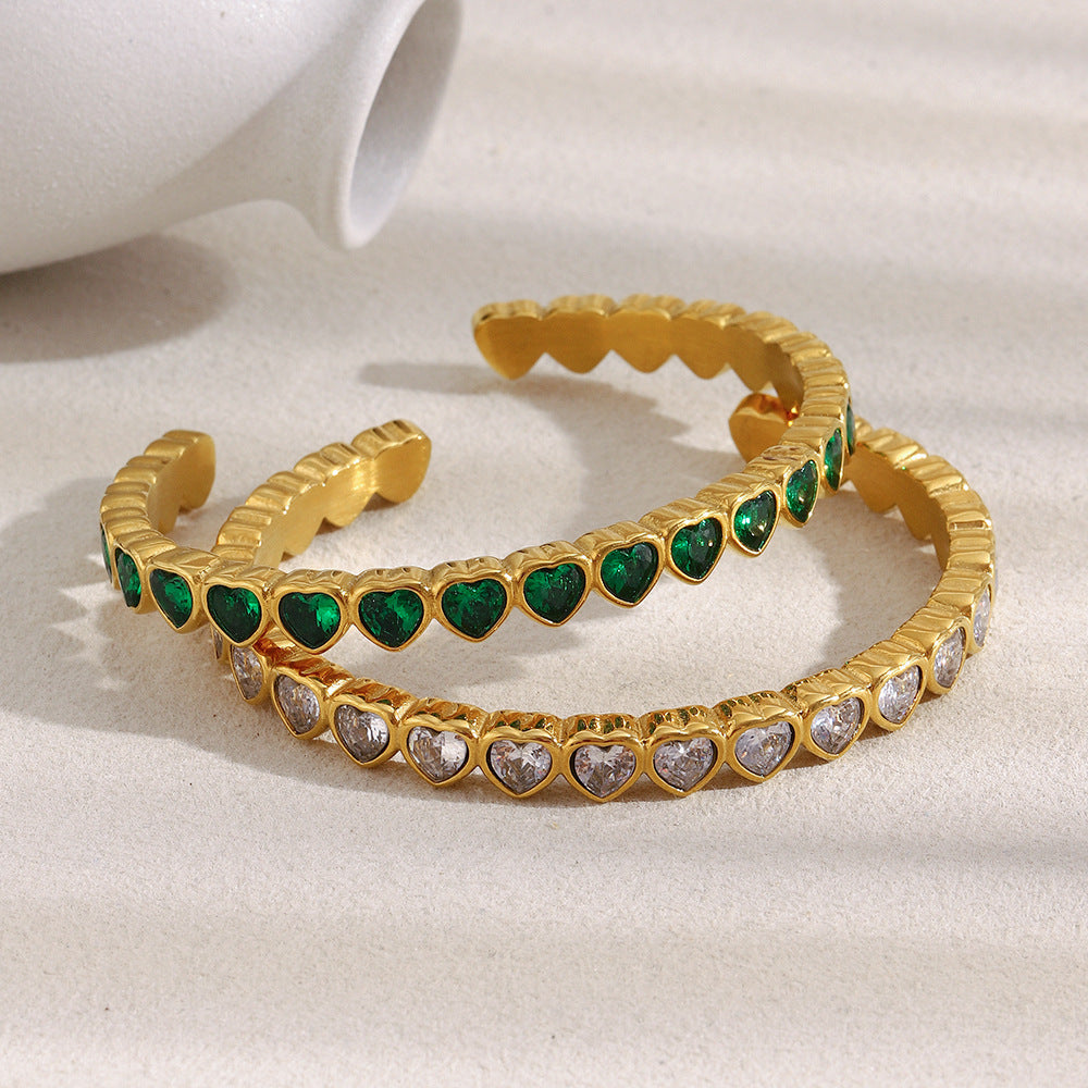 Minimalist Heart-Shaped Stainless Steel Plated 18K Gold Zirconia Full-Pavé Bracelet for Women
