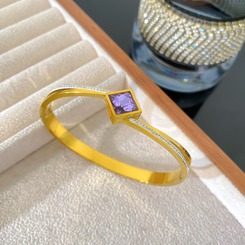 Minimalist Elegant Square Geometric Micro-Inlaid Cubic Zirconia Titanium Steel Bracelet for Women