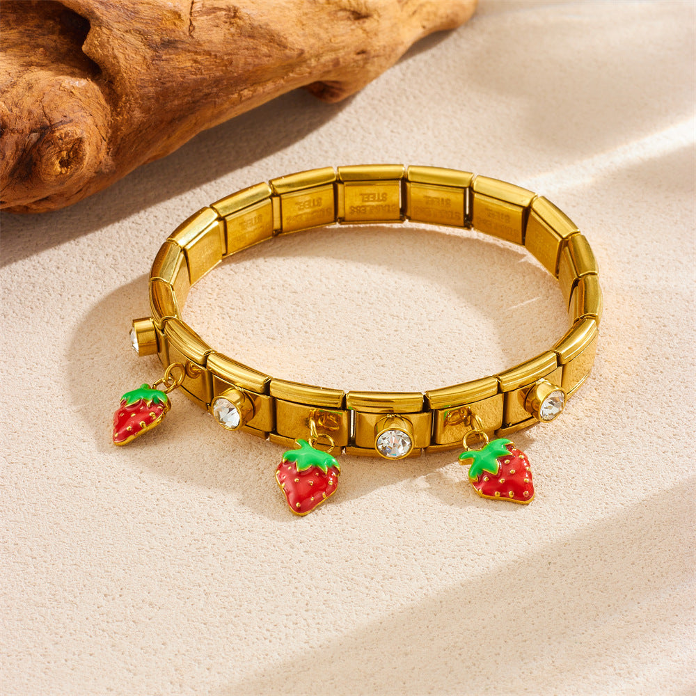Sweet Fruit Series Drip Oil Rhinestone Inlay Gold Plated Stainless Steel Bracelet