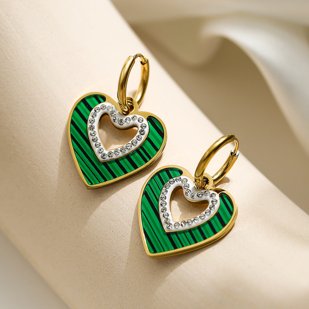 Orecchini da donna a forma di cuore in stile francese elegante, con zirconi e conchiglie, in acciaio al titanio, accessorio di moda minimalista