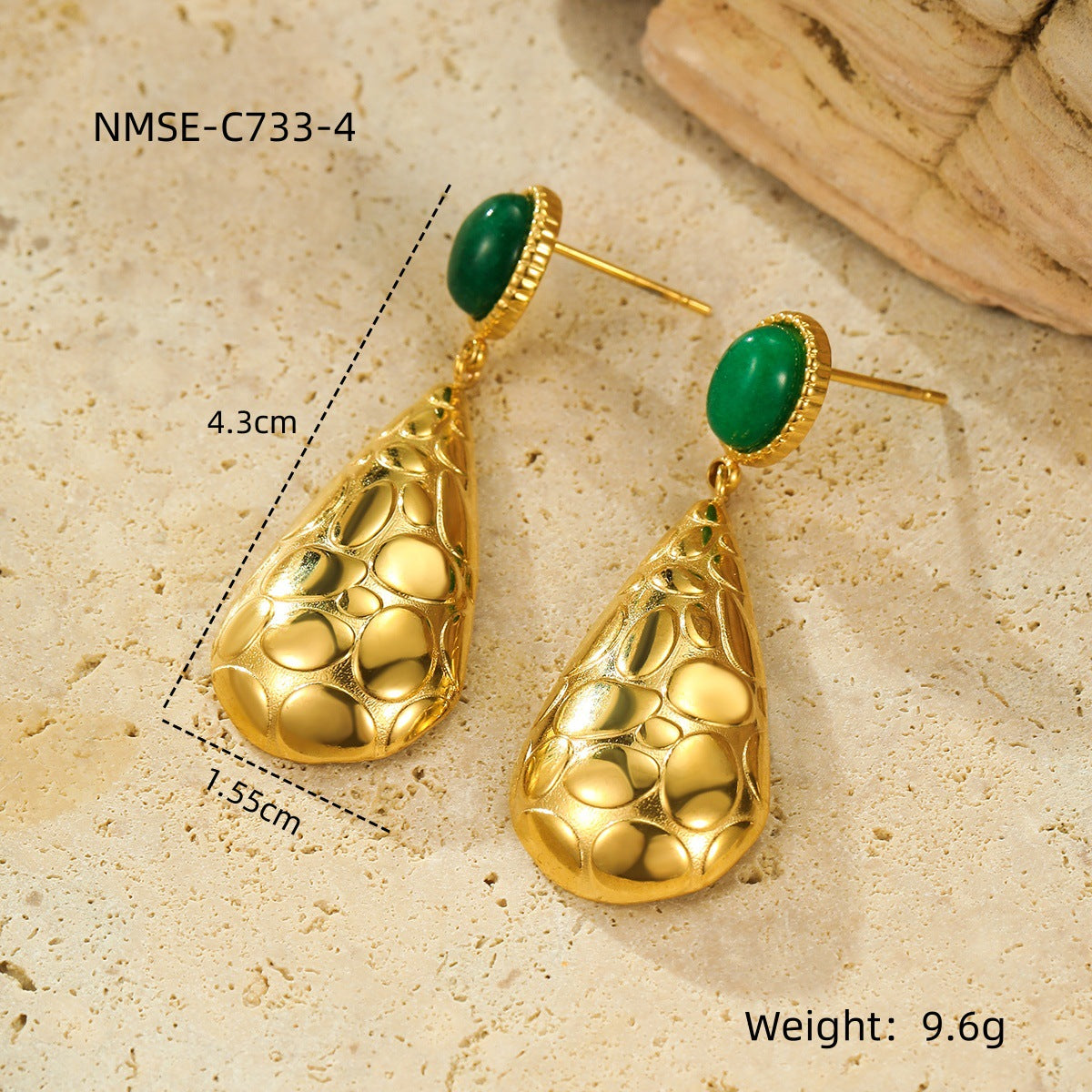 Fashionable Water-Drop-Shaped Stainless Steel Stud Earrings with Natural Stone Inlay and Plated Finish for Women