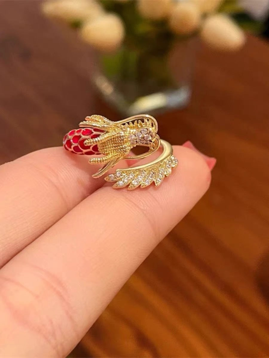 Original Design Dragon Shape Copper Ring with 18K Gold Plating for Women and Men, Red Oxidized Luxury Adjustable Band