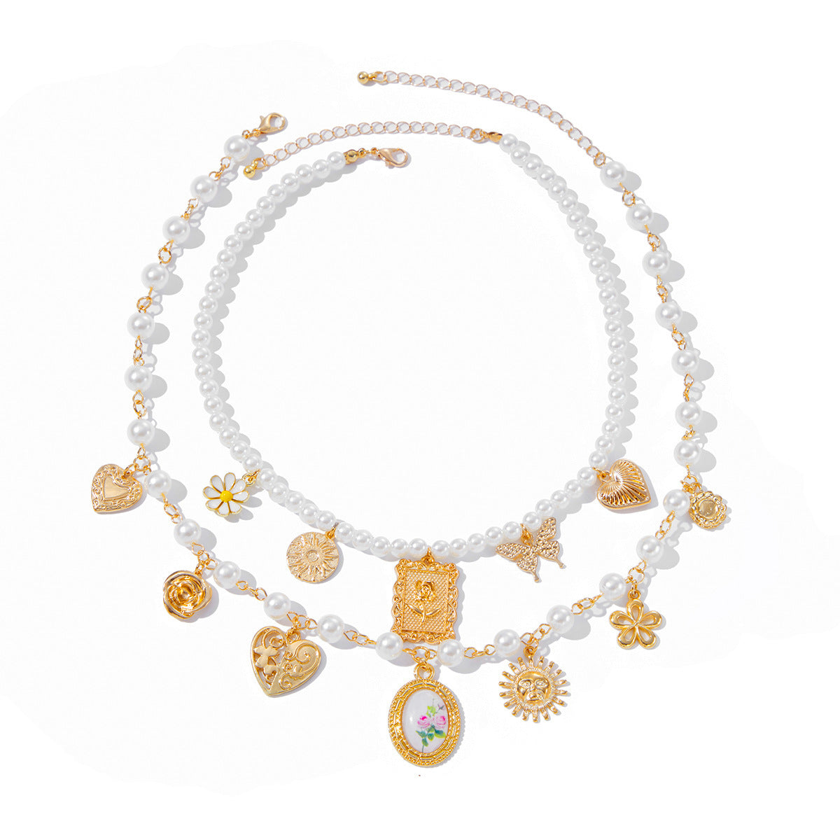 Collar con colgante de corazón y lazo de estilo vintage francés con aleación chapada, detalles de perlas y diseño de cadena irregular para mujeres y hombres