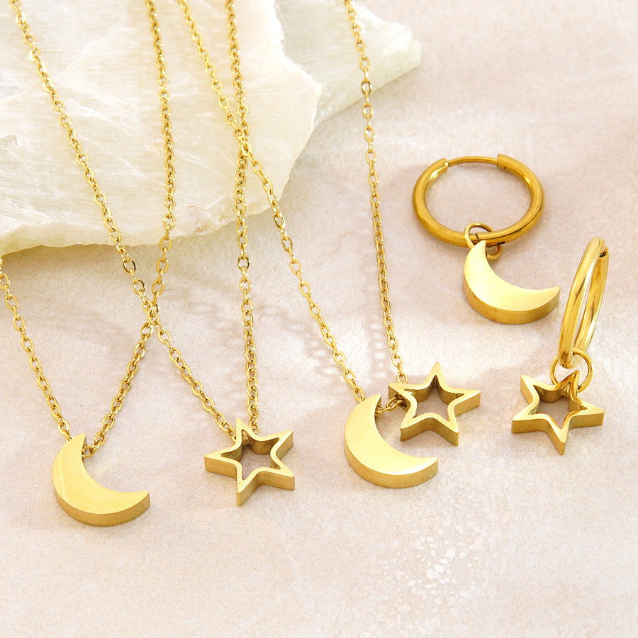 Minimalist Elegant Moon Star Stainless Steel Plated Pendant Necklace and Earring Set for Women