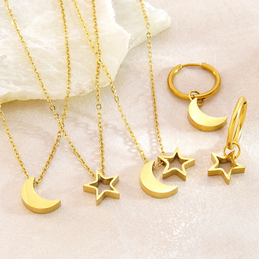Collar y Aretes Minimalistas Elegantes de Luna y Estrella de Acero Inoxidable con Baño de Oro para Mujer