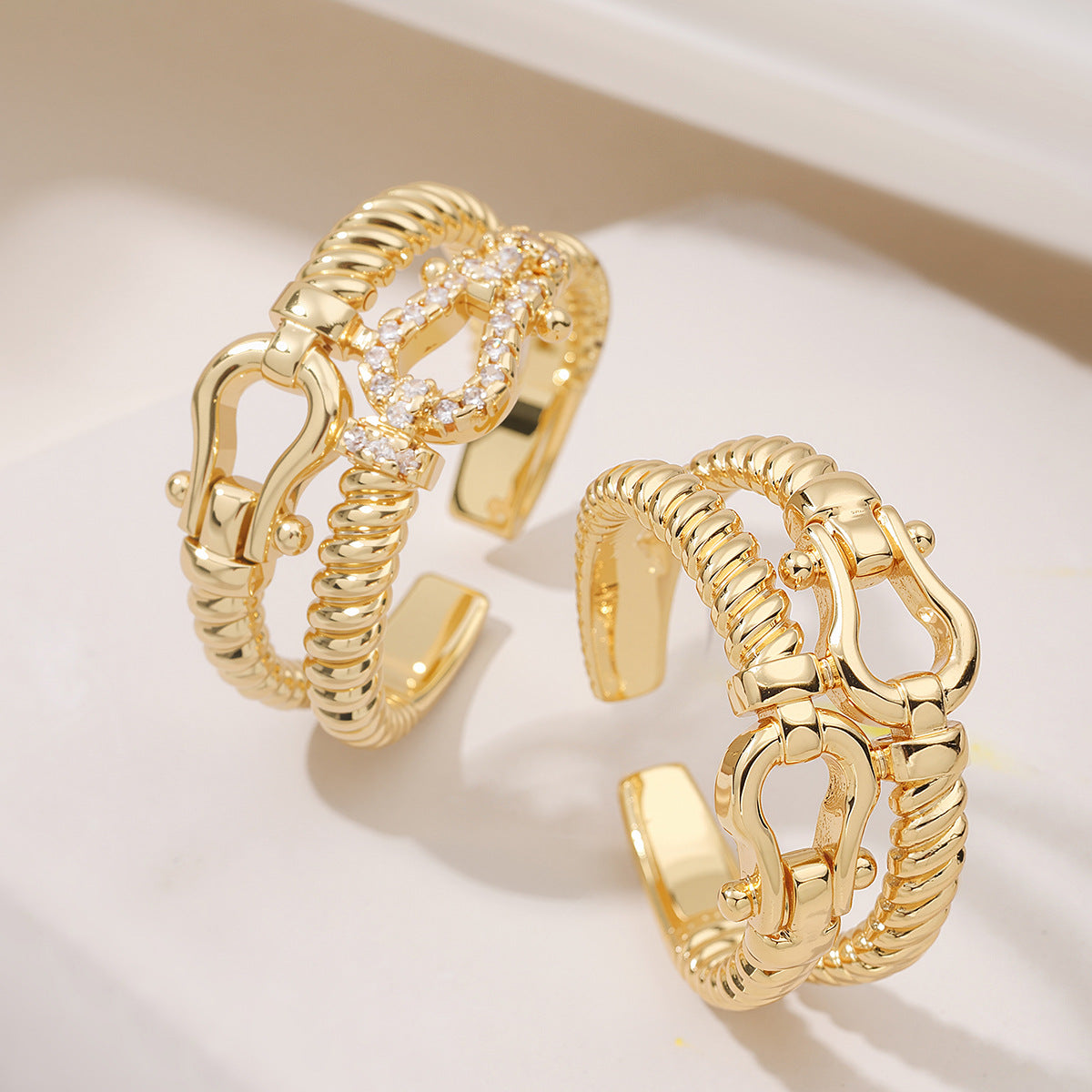 Minimalist Elegant Geometric Brass Ring with 18K Gold Plating and Cubic Zirconia Micro-inlay for Women