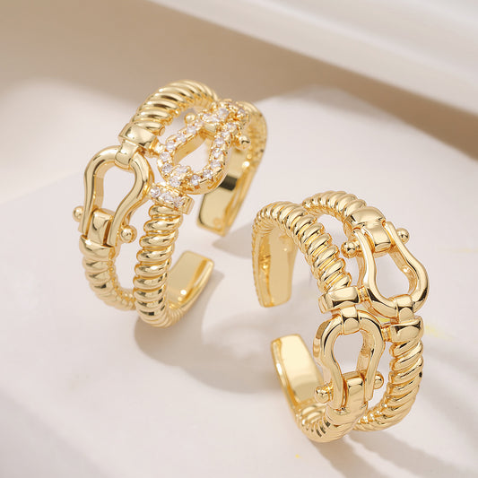 Minimalist Elegant Geometric Brass Ring with 18K Gold Plating and Cubic Zirconia Micro-inlay for Women