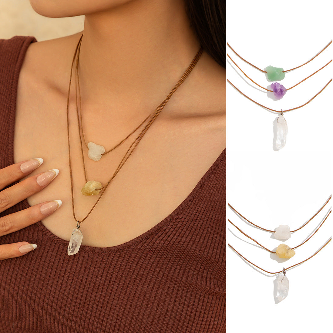 Bohemian Vintage Irregular Geometric Crystal Pendant Plated Necklace Set for Women