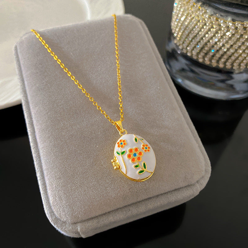 Vintage Drip Oil Floral Heart Oval Pendant Gold Plated Brass Necklace for Women