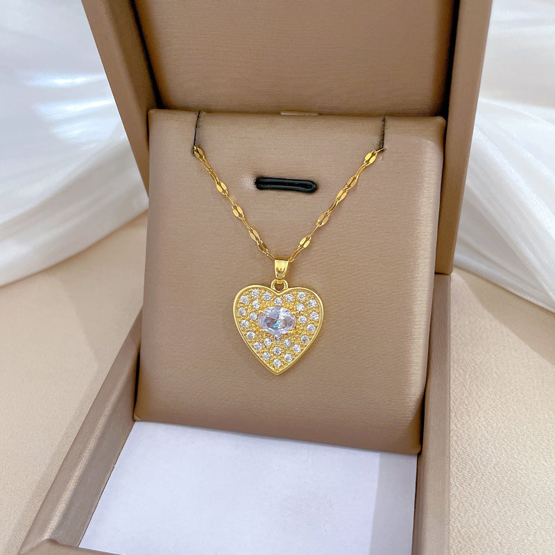 Collana Minimalista a Cuore in Acciaio al Titanio con Intarsio di Strass per Donne e Uomini, Delicata Catena alla Clavicola