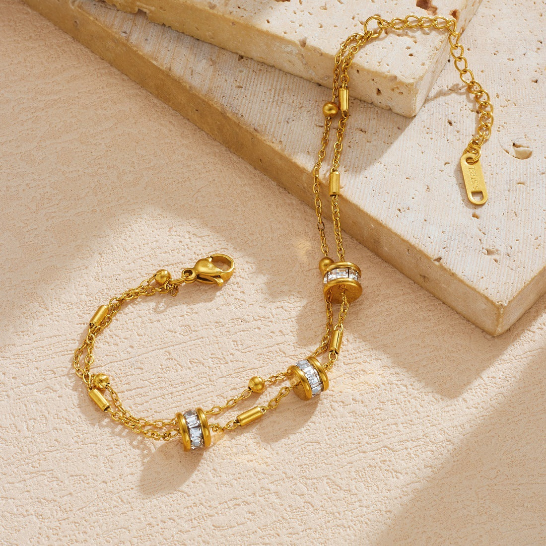 Elegant Gold Plated Stainless Steel Round Geometric Rhinestone Layered Bracelet for Women