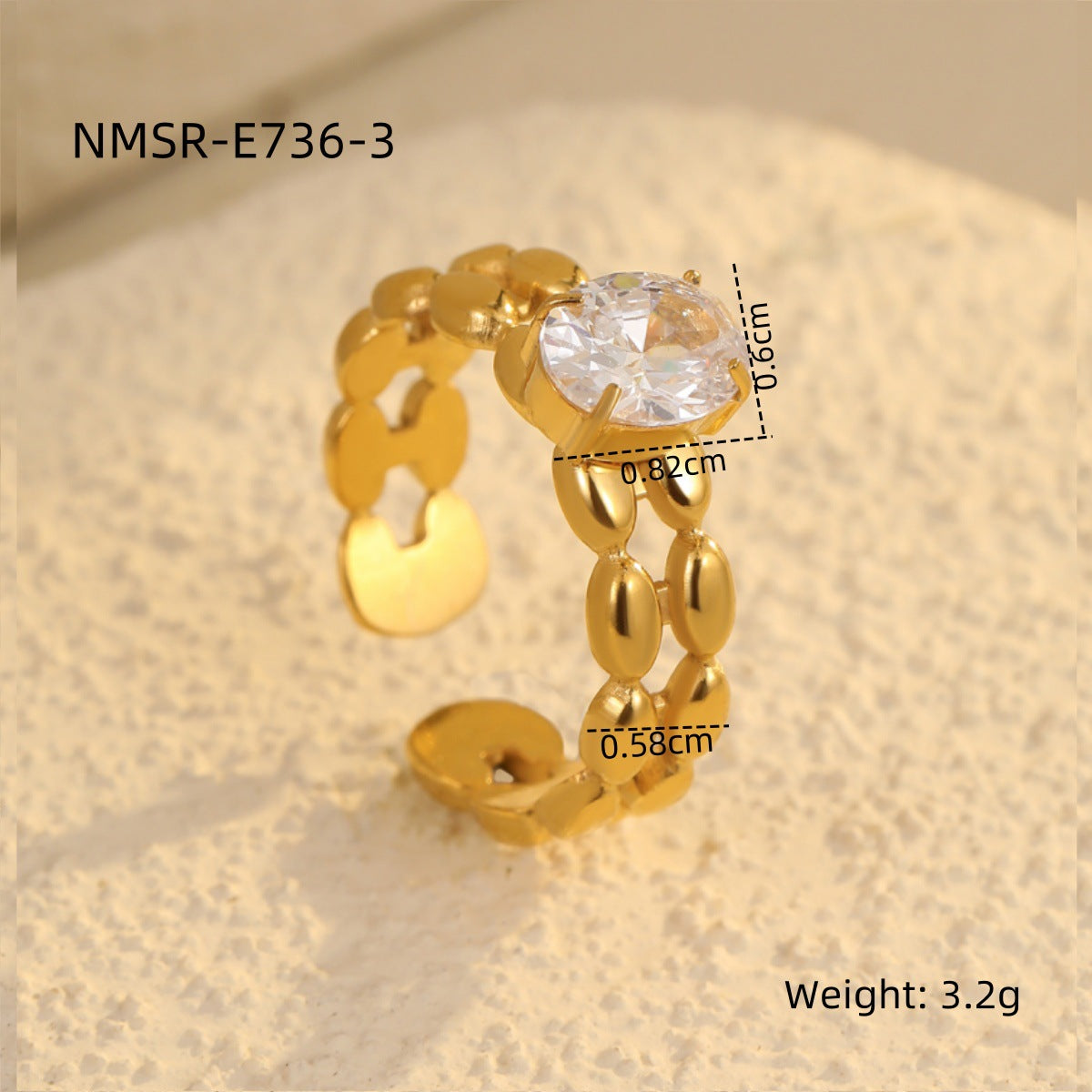 Anillo de acero inoxidable con circonita geométrica de lujo ligero y baño de oro de 18 quilates para mujer