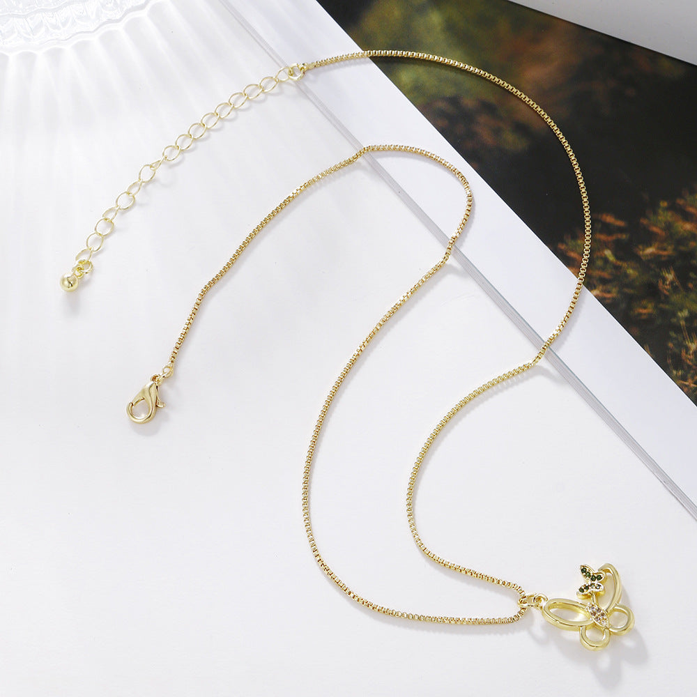 Brass Cubic Zirconia Butterfly Cross Dragonfly Heart Moon Pendant Necklace for Women with Box Chain