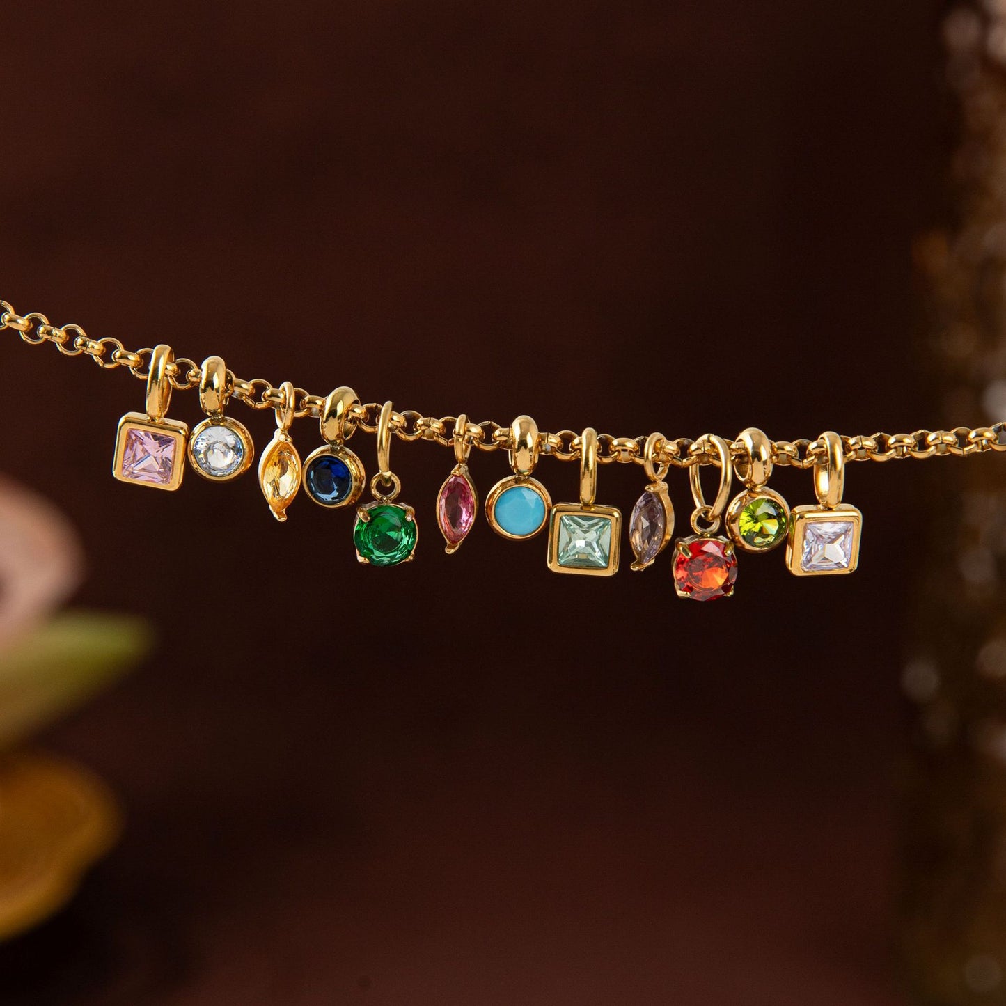 Vintage Geometric Stainless Steel 18K Gold Plated PVD DIY Charm Bar Necklace with 12 Birthstones
