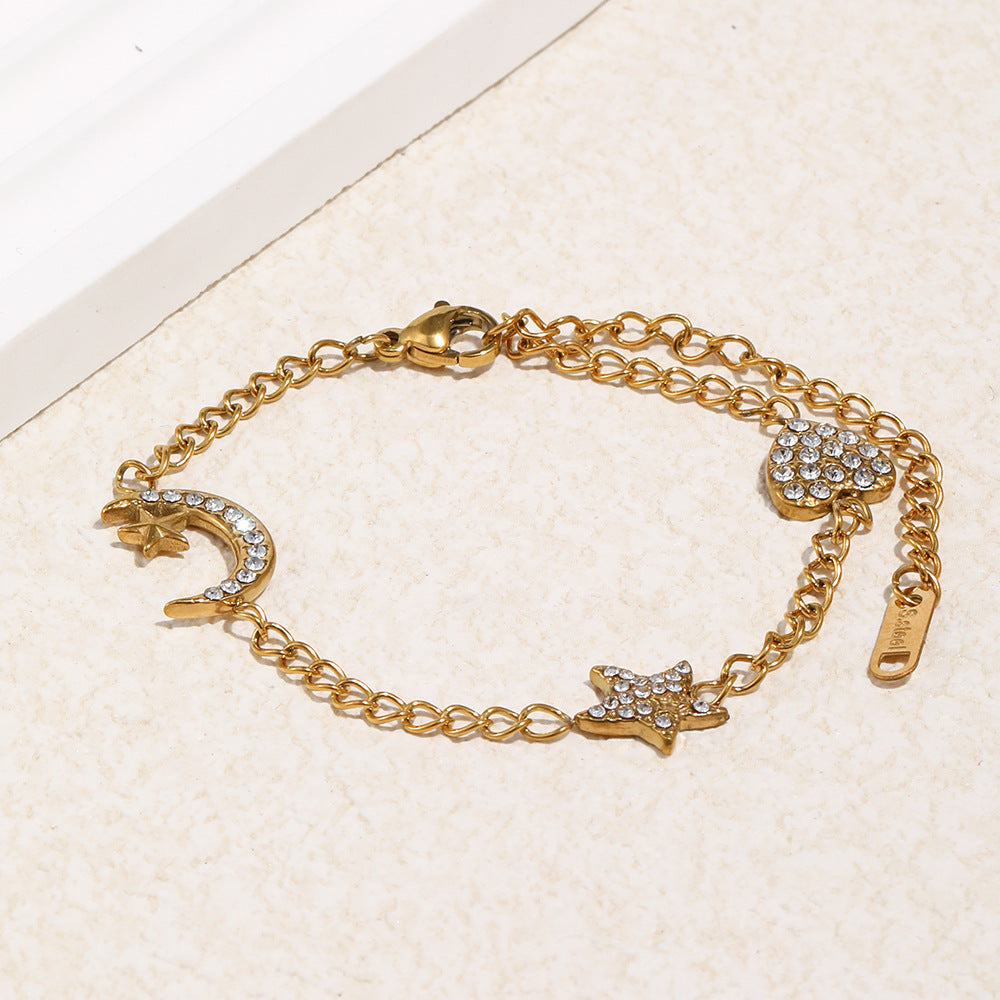 Bracciale da donna in acciaio inossidabile placcato oro 18 carati con cuore, stella e luna, dal design geometrico e minimalista