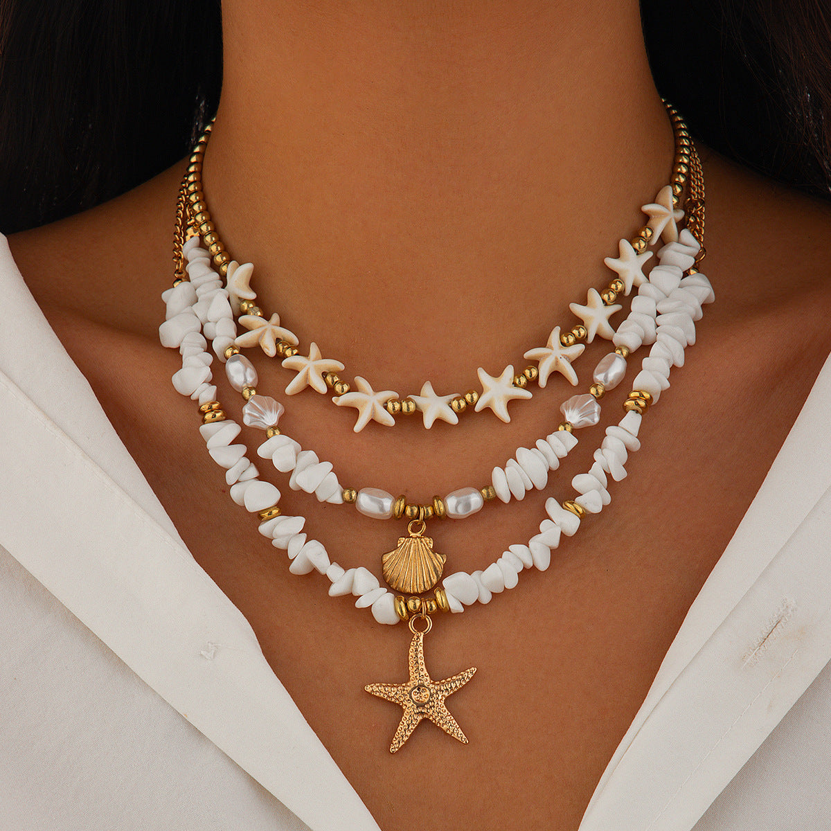 Collana Bohemien Floreale Placcata in Lega con Perle Imitazione e Intarsi in Conchiglia da Donna