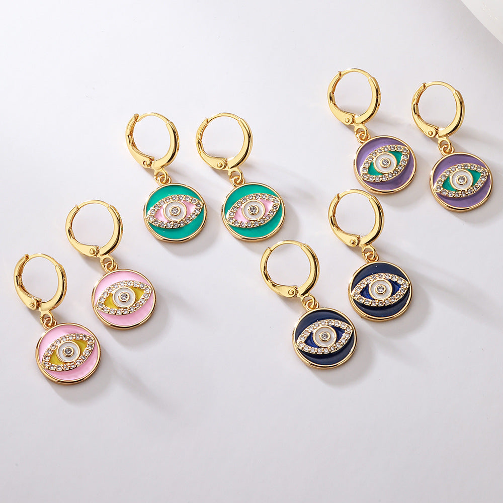 Orecchini da donna in rame in stile bohémien con placcatura in oro 18 carati e design a occhio di Allah geometrico smaltato in zirconia