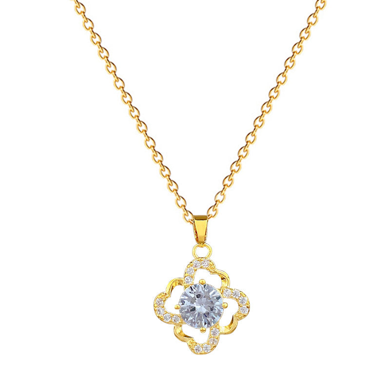 Collana pendente minimalista a quadrifoglio in acciaio al titanio con intarsio di strass su catena a O per donna e uomo