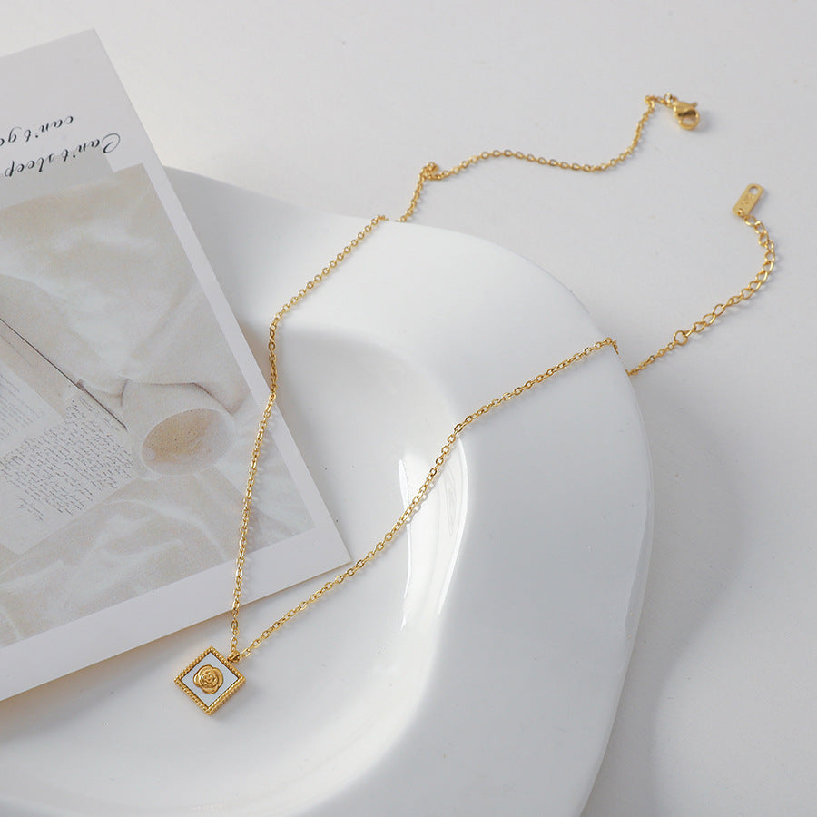 Elegant Romantic Rose-Embossed Geometric Pendant Necklace for Women in Titanium Steel with Plated Finish and O-Chain
