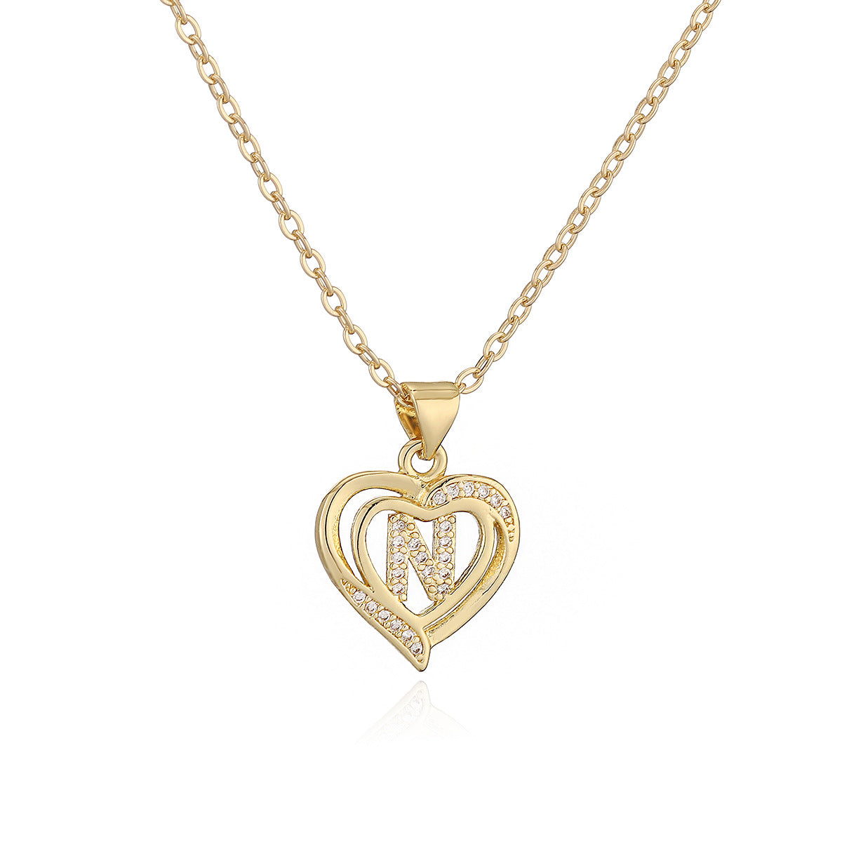 Collana con Pendente Minimalista in Rame, Placcatura in Oro 18K e Dettagli in Zircone a Forma di Cuore e Lettera per Donne