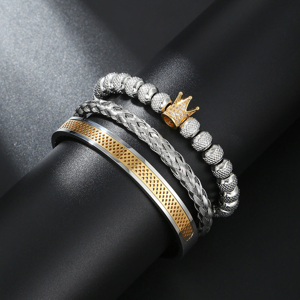 Geometric Crown Copper Inlaid Cubic Zirconia Titanium Steel Stainless Steel Mesh Cuff Bracelet Set