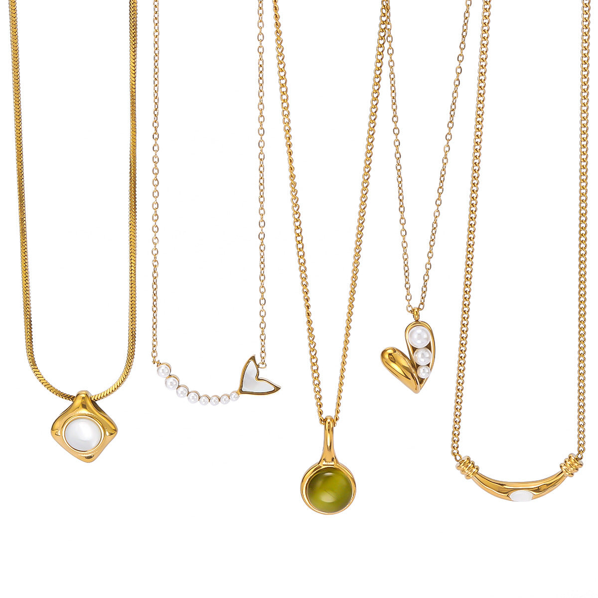 Collana con Pendente Minimalista a Cuore in Acciaio Inossidabile con Intarsio Occhio di Gatto e Placcatura Sottovuoto in Oro 18K da Donna