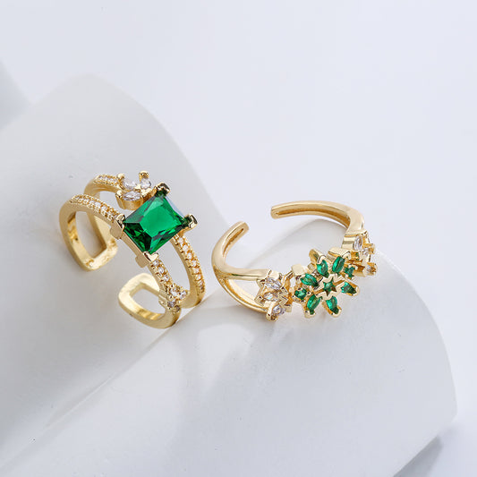 Minimalist Geometric Copper Ring with 18K Gold Plating and Micro-Paved Green Zirconia for Women