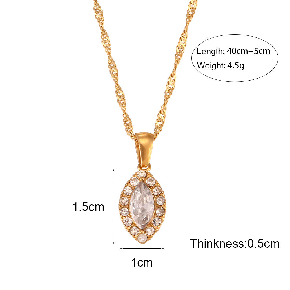 Minimalist Geometric Stainless Steel Leaf Pendant Necklace with Zircon Accents for Women