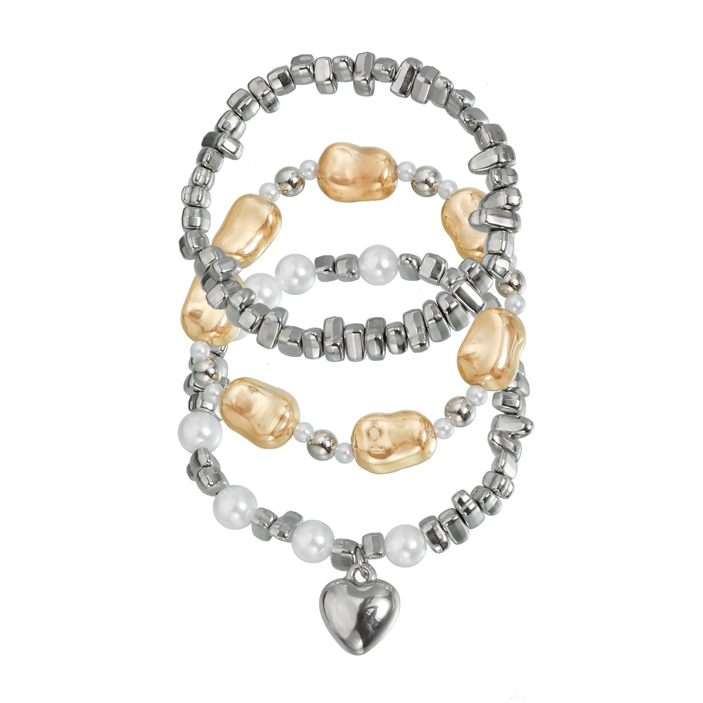Geometric Heart Round Metal Resin Imitation Pearl Beaded Bracelet Plated