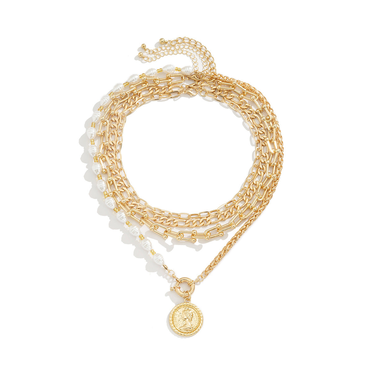 Vintage Punk Bohemian Geometric Hollow U-Clasp Alloy Imitation Pearl Ball Chain Necklace for Women