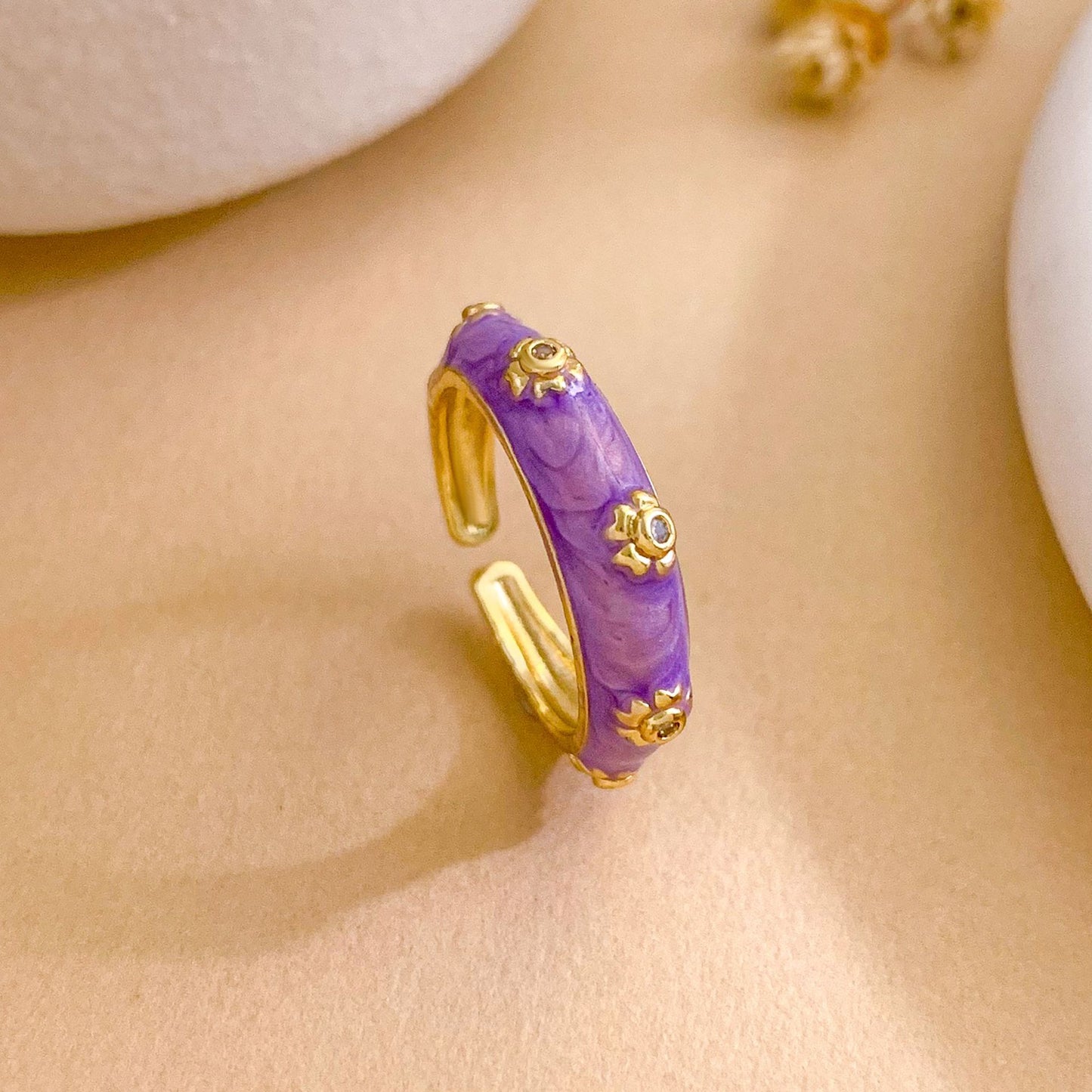 Vintage Sweet Floral Enamel Gold Plated Brass Open Ring for Women