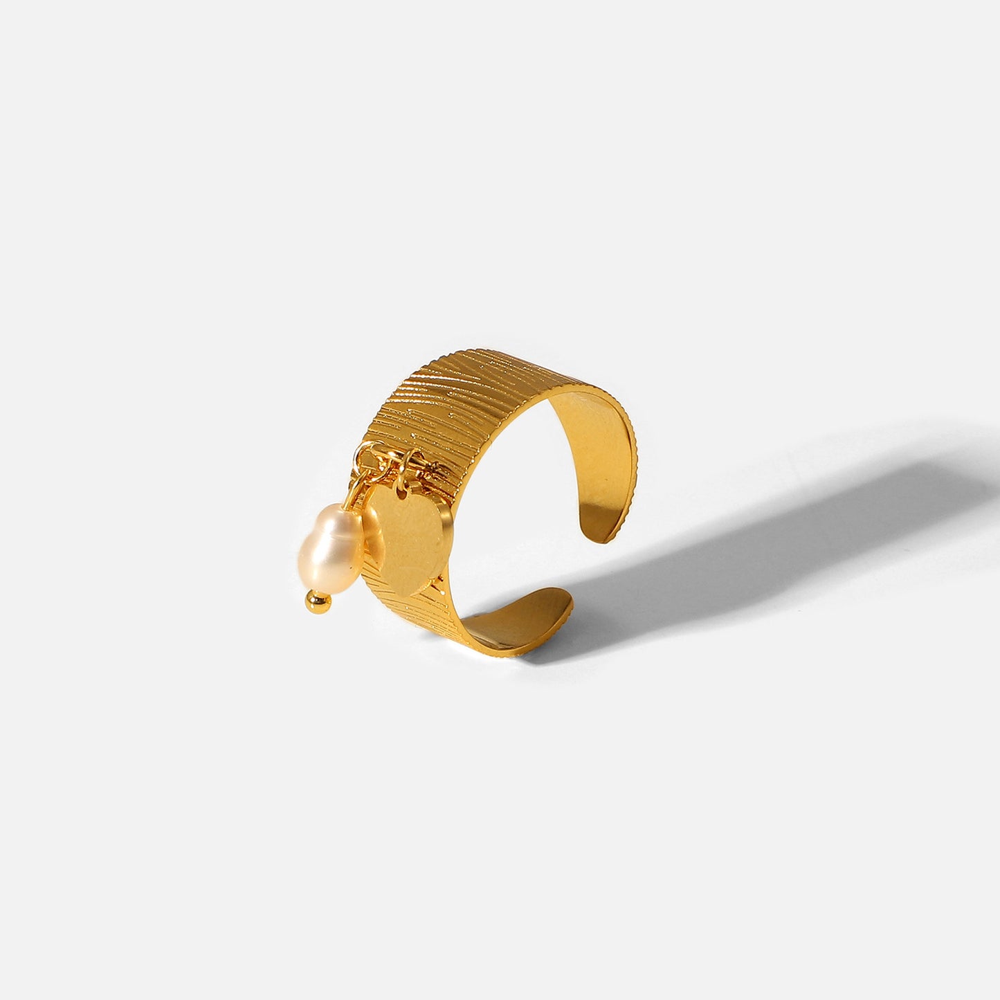 Anello da donna in acciaio inossidabile a forma geometrica con placcatura in oro 18 carati e pendente di perle, design a fascia aperta
