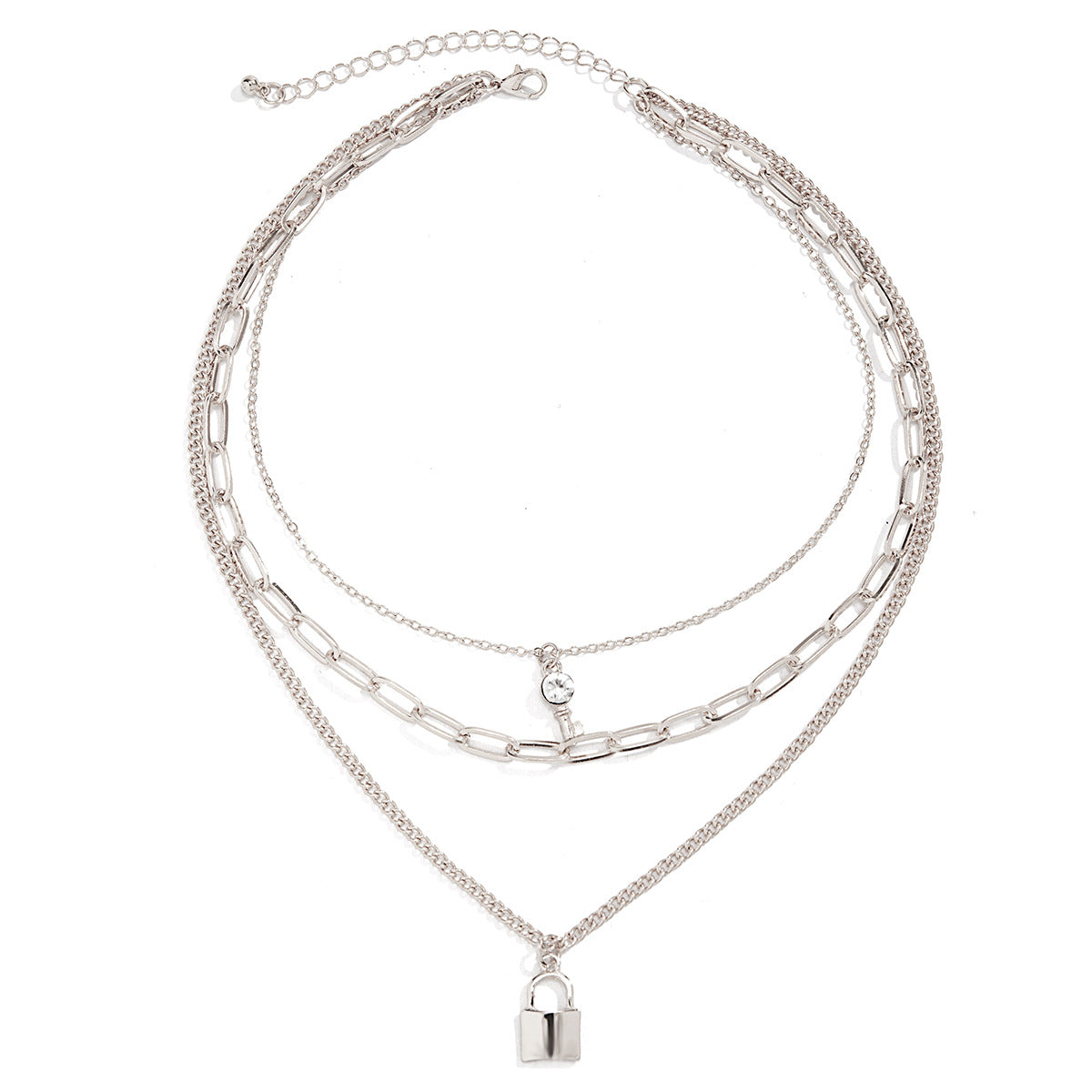 Punk Style Geometric Lock-Shaped Alloy Necklace with Rhinestone Inlay and Cross Chain for Women