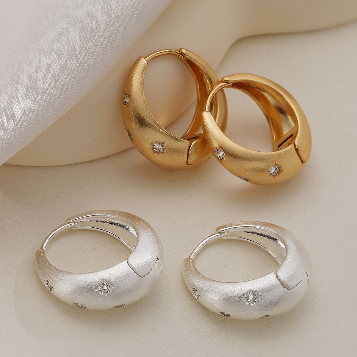 Vintage Elegant Geometric Brushed Brass Gold Plated Cubic Zirconia Earrings for Women