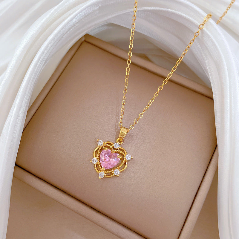 Luxury Titanium Steel Hollow Heart Pendant Necklace for Women with Full Rhinestone Inlay, Delicate Clavicle Chain in Geometric Design