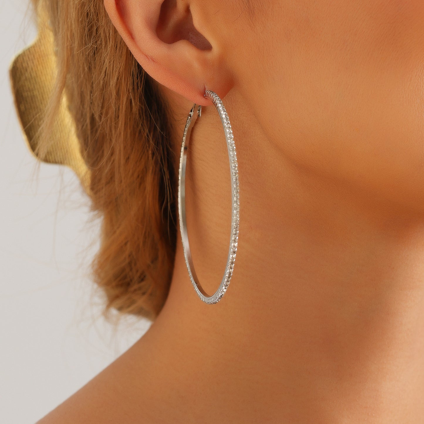 Geometric Shiny Rhinestone Stud Earrings for Women with Plated Metal Hoop Design for Slimming Face Effect
