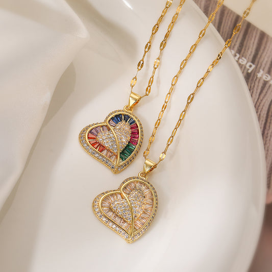Collar minimalista de cobre con forma de corazón, chapado en oro auténtico e incrustaciones de circonitas para mujer