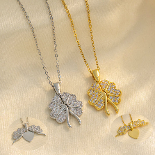 Collar Colgante de Trébol de Lujo con Diseño Abrible y Opción de Grabado para Mujer, Acero de Titanio con Incrustaciones de Diamantes de Imitación, Motivos de Corazones y Alas en Cadena Tipo O