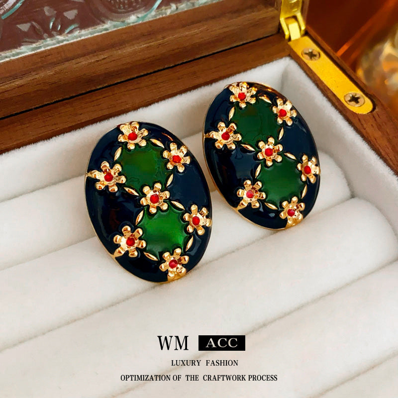 Vintage Floral Oval Enamel Earrings with Silver-Plated Copper Base and 14K Gold Posts for Women