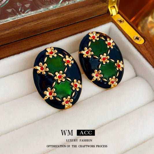 Vintage Floral Oval Enamel Earrings with Silver-Plated Copper Base and 14K Gold Posts for Women