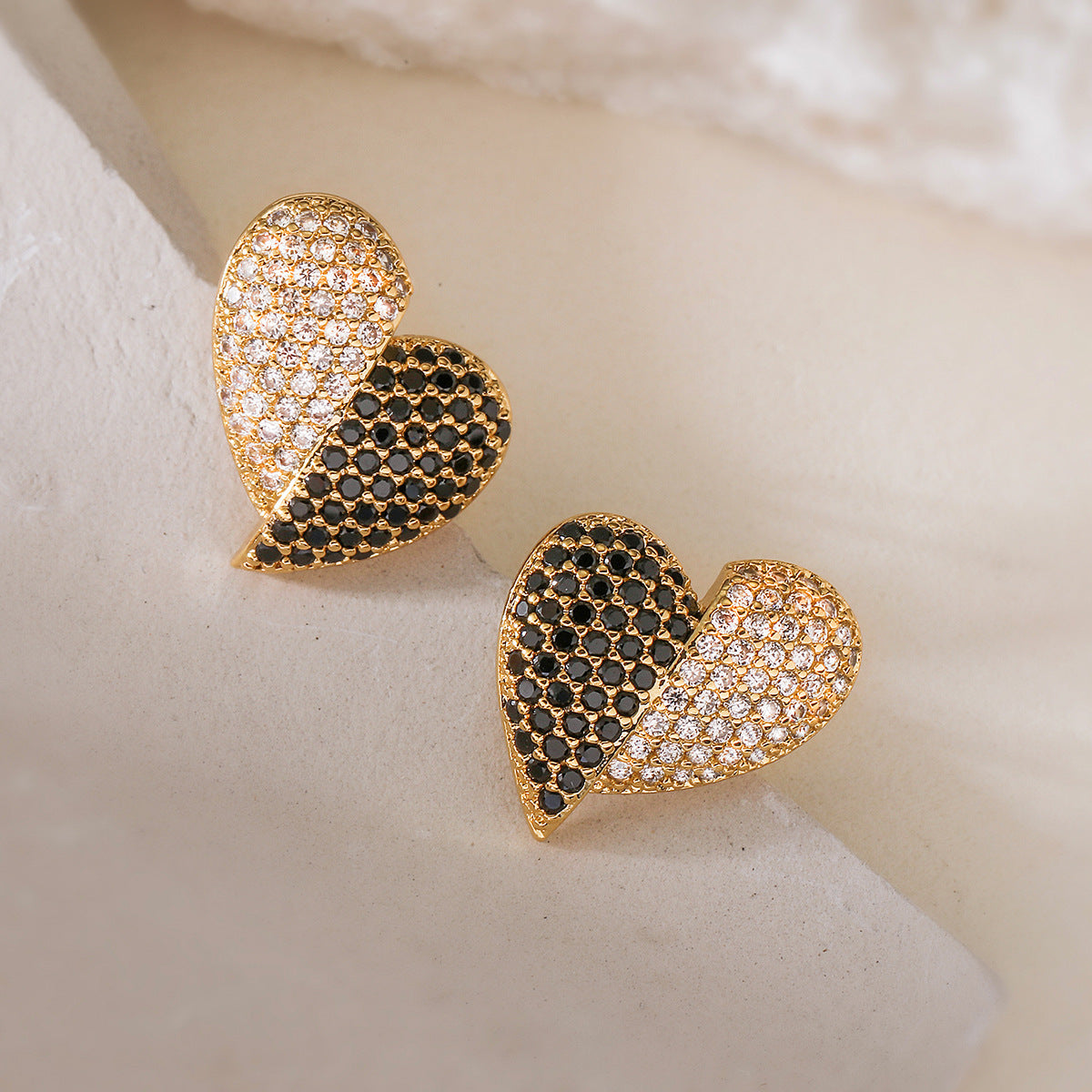 Minimalist Heart-Shaped Copper Earrings with 18K Gold Plating and Micro-Paved Zirconia for Women