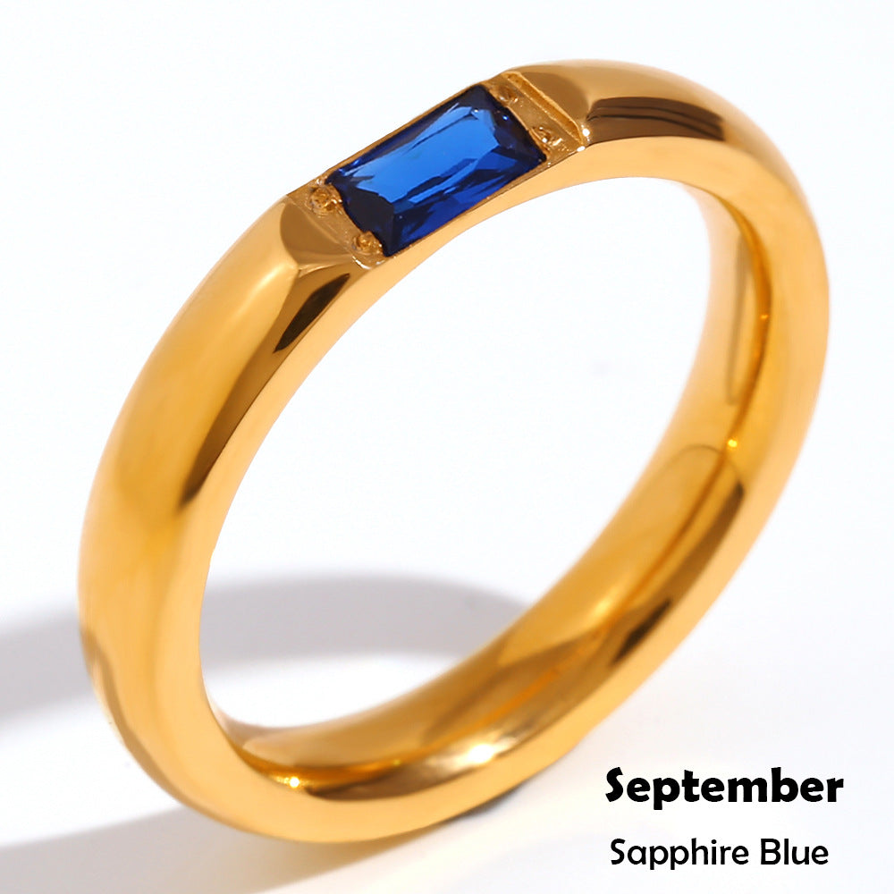 Anillo Minimalista Geométrico de Acero Inoxidable con Baño de Oro de 18K y Piedra Natal de Zirconia Rectangular para Mujer