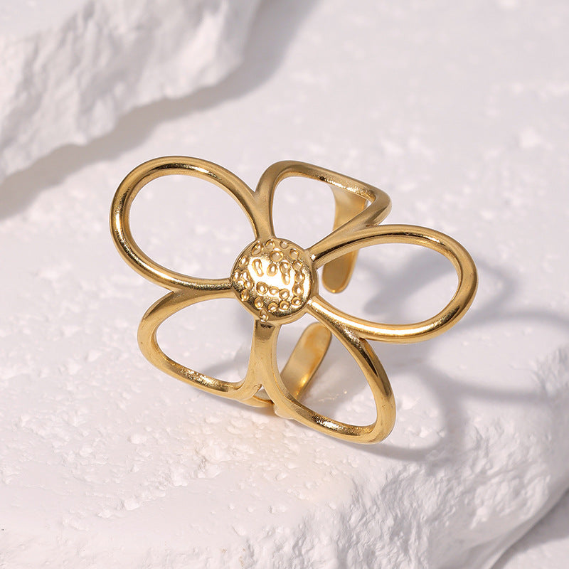 Minimalist Two-Tone Hollow Flower Open Ring 18K Gold Plated Stainless Steel Jewelry for Women