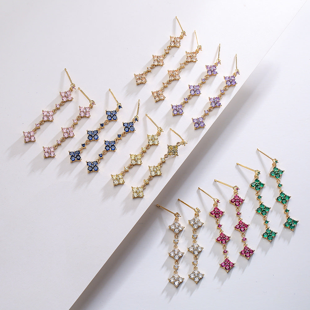 Geometric Dangle Stud Earrings for Women with Copper Base Plated in 18K Gold and Zircon Inlay
