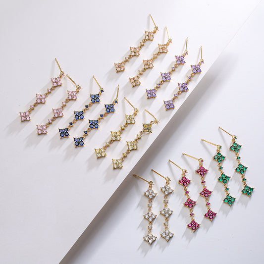 Geometric Dangle Stud Earrings for Women with Copper Base Plated in 18K Gold and Zircon Inlay