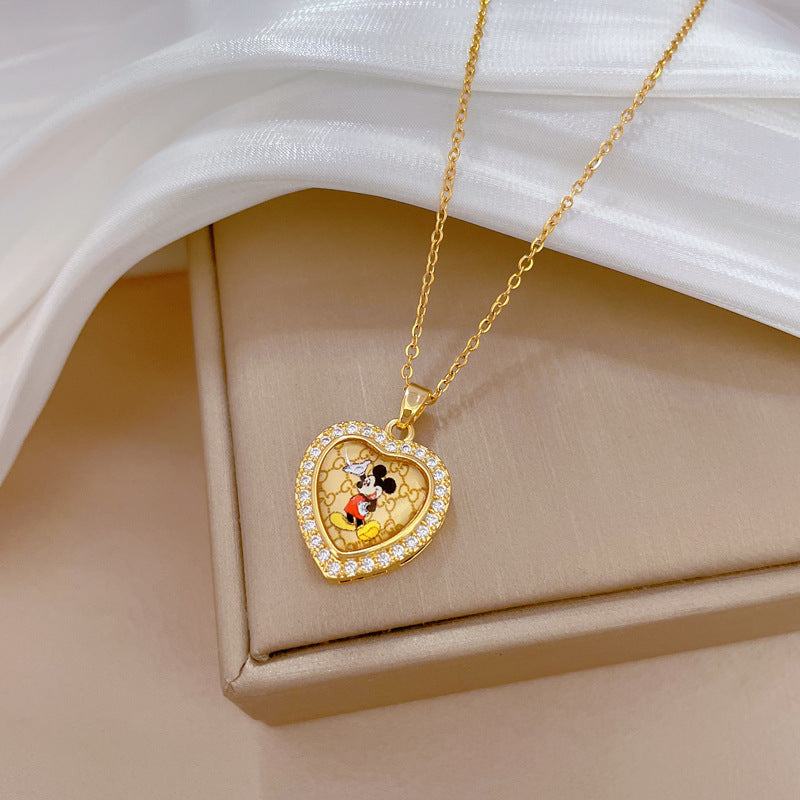Luxury Full-Rhinestone Mouse Pendant Necklace for Women Stainless Steel Geometric Locket Chain with Natural Moon Motif