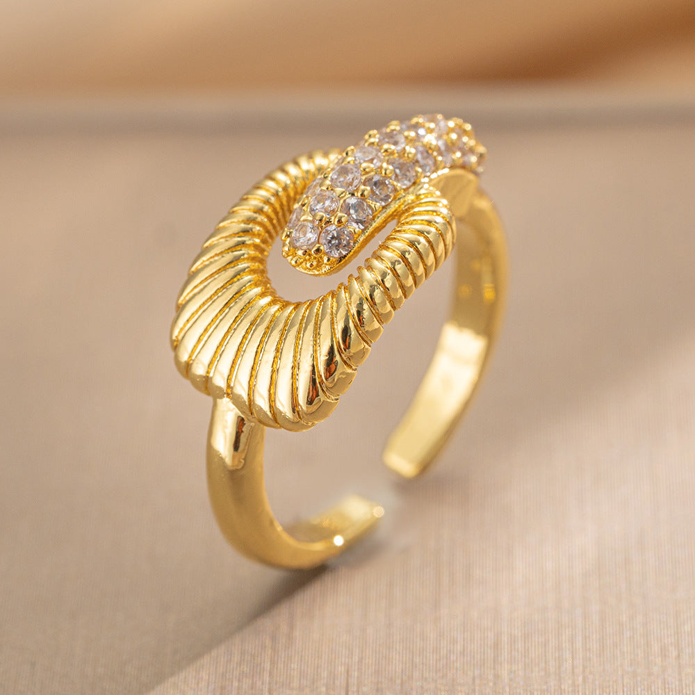 Luxury Minimalist Adjustable Open Ring for Women with Gold-Plated Copper Band and Zircon Stone Accent in Heart and Floral Shape
