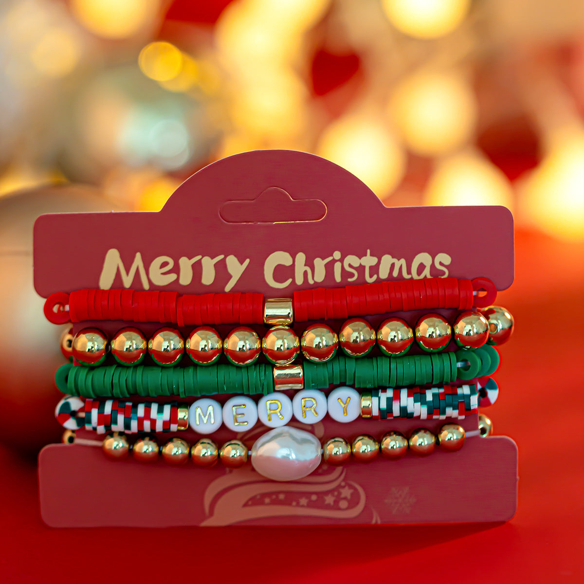 Christmas Letter Resin Bracelet Set Colorful Irregular Beaded with Strawberry and Watermelon Elements Unisex