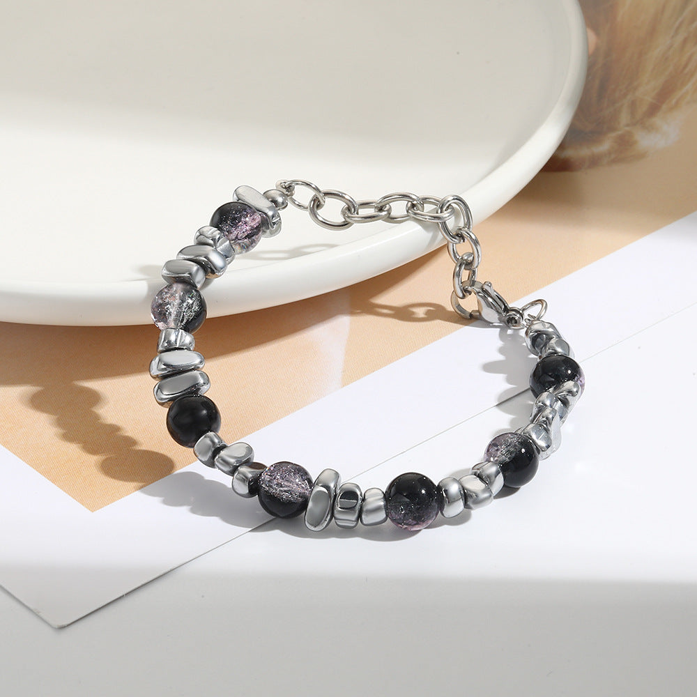 Hip-hop Streetwear Geometric Titanium Steel Stainless Steel Double Layer Cracked Bead Bracelet for Men and Women